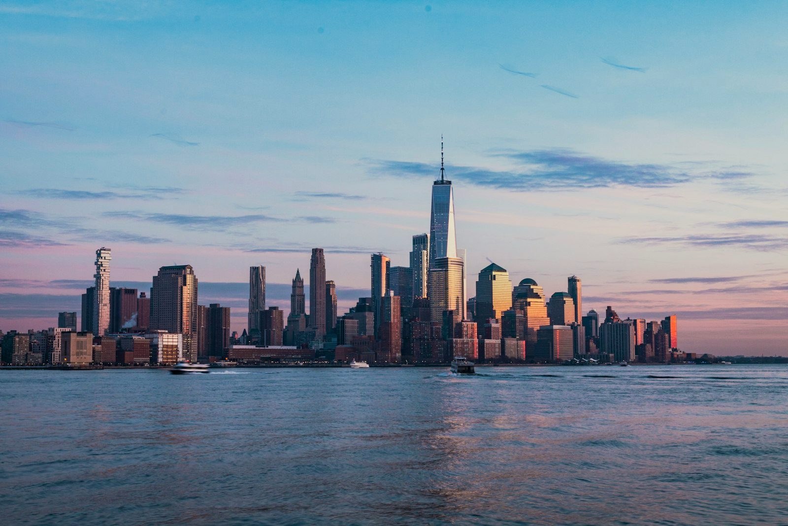 The Lower Manhattan skyline seen from the water
