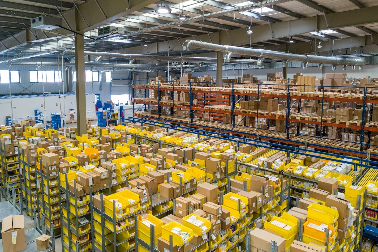 Racked pallets in a distribution warehouse